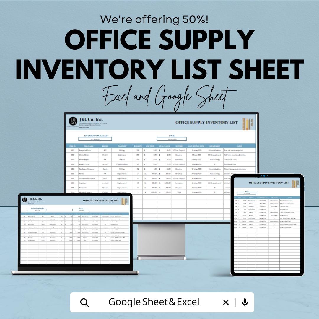 Office Supply Inventory List - Excel & Google Sheet - Track Supplies ...