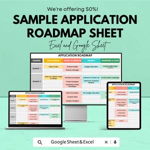 May include: A digital application roadmap sheet displayed on a laptop, desktop monitor, and tablet. The roadmap includes sections for development, talent acquisition, finance, and marketing & sales. The text "Excel and Google Sheet" is also visible.