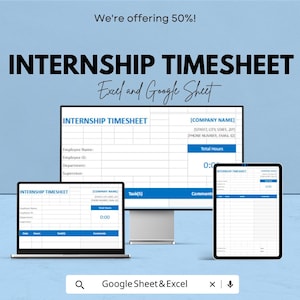 Internship Timesheet | Excel and Google Sheets Template | Track Hours & Tasks | Simple Internship Log | Instant Download