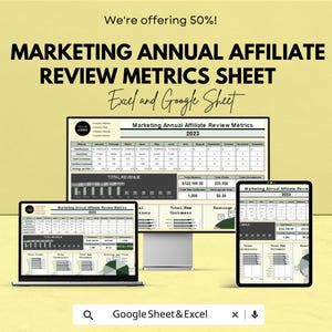 May include: A digital marketing annual affiliate review metrics sheet, displayed on a laptop, desktop monitor, and tablet. The sheet includes data tables, charts, and the text "Marketing Annual Affiliate Review Metrics 2023". The image also includes the text "Excel and Google Sheet".