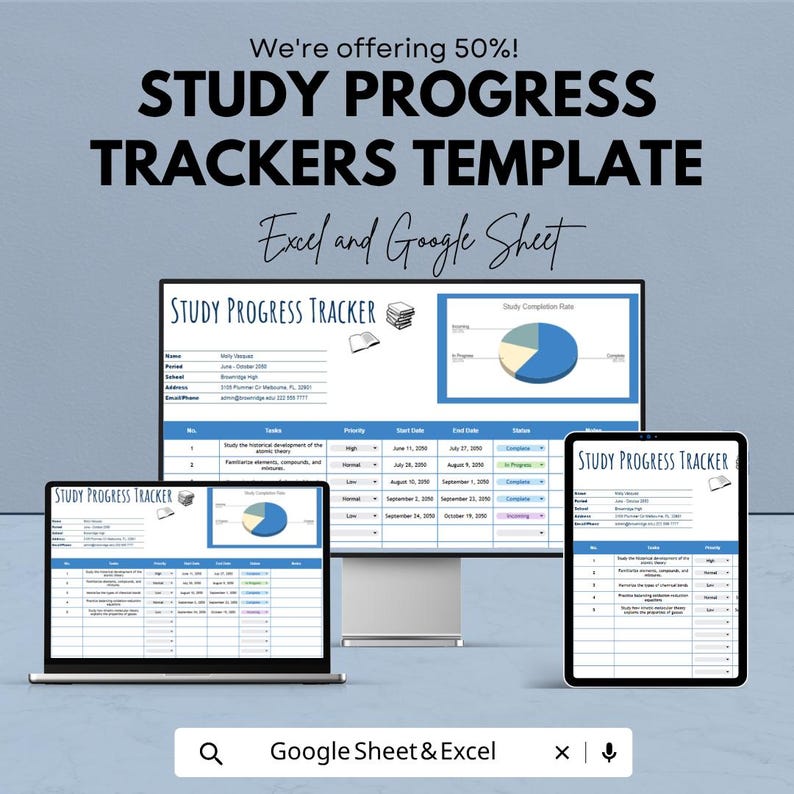 Peut inclure: Pr&eacute;sentation num&eacute;rique d'un mod&egrave;le de suivi des progr&egrave;s d'&eacute;tude, affich&eacute; sur un ordinateur portable, un &eacute;cran d'ordinateur de bureau et une tablette. Le texte indique "Study Progress Trackers Template" et "Excel and Google Sheet". L'image comprend &eacute;galement le texte "We're offering 50%!" et "Google Sheet & Excel".