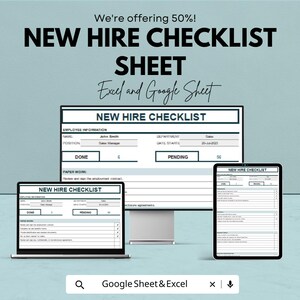 May include: A digital graphic promoting a "NEW HIRE CHECKLIST SHEET" for Excel and Google Sheets. The image shows the checklist on a computer monitor, laptop, and tablet. Text includes "We're offering 50%!" and "Google Sheet & Excel."