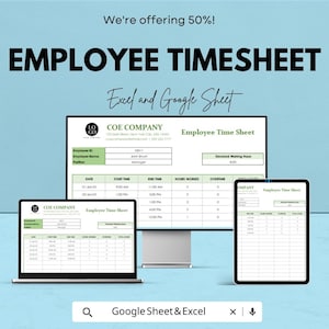 Plantilla de hoja de horas de empleados / Excel y Hojas de cálculo de Google / Registro de horas trabajadas / Calculadora de horas extras / Descarga instantánea