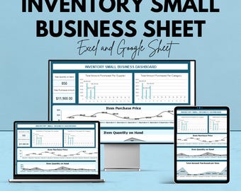May include: An advertisement for an inventory small business sheet, displayed on a laptop, desktop monitor, and tablet. The text reads "We're offering 50%! INVENTORY SMALL BUSINESS SHEET Excel and Google Sheet."