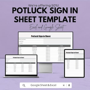 Può includere: Un modello digitale di foglio di iscrizione al potluck visualizzato su un laptop, un monitor desktop e un tablet. Il modello è per Excel e Google Sheets, con il testo "Potluck Sign in Sheet" visibile. L'immagine include anche il testo "We're offering 50%!"