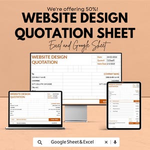 Può includere: Una pubblicità per servizi di progettazione di siti web. L'immagine presenta un monitor di computer, un laptop e un tablet che mostrano un foglio di preventivo di progettazione di siti web. Il testo recita "WEBSITE DESIGN QUOTATION SHEET" e "Excel and Google Sheet."