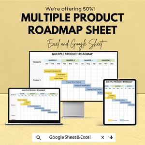 Könnte beinhalten: Werbebild für ein Multiple-Product-Roadmap-Sheet, verfügbar in Excel- und Google Sheet-Formaten. Die Roadmap wird auf einem Computermonitor, einem Laptop und einem Tablet angezeigt. Der Text enthält "We're offering 50%!"