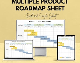 Modello di roadmap per più prodotti - Excel e Fogli Google modificabili - Pianifica e monitora l'avanzamento del prodotto su più trimestri