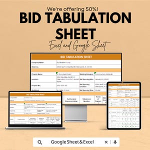 Puede incluir: Anuncio de una hoja de tabulación de ofertas, que ofrece un 50% de descuento. El texto "BID TABULATION SHEET" se muestra de forma destacada. La hoja se muestra en una computadora, una computadora portátil y una tableta, con la opción Google Sheet & Excel.