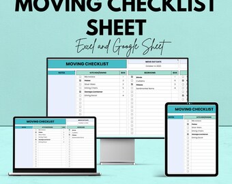 Può includere: Una lista di controllo per il trasloco digitale visualizzata su un laptop, un monitor desktop e un tablet. La lista di controllo è organizzata in categorie come cucina/sala da pranzo e camere da letto. Viene visualizzato il testo "MOVING CHECKLIST SHEET Excel and Google Sheet".