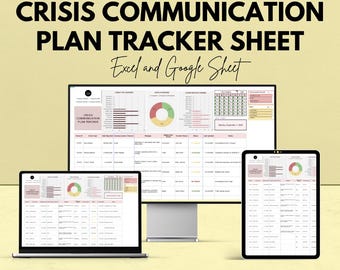 May include: A digital marketing graphic promoting a crisis communication plan tracker sheet. The text reads "CRISIS COMMUNICATION PLAN TRACKER SHEET" with "Excel and Google Sheet" below. The image shows a laptop, desktop monitor, and tablet displaying the tracker.