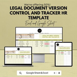 May include: A digital template for Legal Document Version Control and Tracker HR, displayed on a computer monitor, laptop, and tablet. The template is designed for Excel and Google Sheets, with the text "We're offering 50%!" at the top.