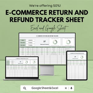 Puede incluir: Una hoja de seguimiento de devoluciones y reembolsos de comercio electrónico que se muestra en una computadora portátil, un monitor de escritorio y una tableta. El texto dice "E-COMMERCE RETURN AND REFUND TRACKER SHEET" y "Excel and Google Sheet". El número "37" es visible en cada pantalla.