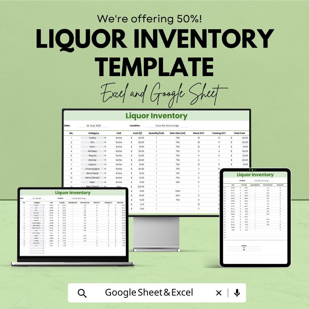 Liquor Inventory Template Excel & Google Sheets | Bar Inventory ...
