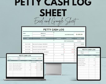 Puede incluir: Imagen digital que muestra una hoja de registro de caja menor, mostrada en un monitor de computadora, una computadora portátil y una tableta. El texto "PETTY CASH LOG SHEET" se muestra de forma destacada, junto con "Excel and Google Sheet". La imagen también incluye el texto "We're offering 50%!"