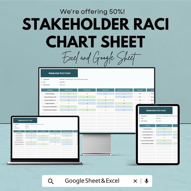 Stakeholder RACI Chart Excel and Google Sheets Template - Project ...