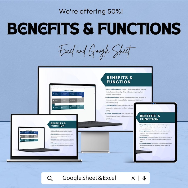 Peut inclure: Publicit&eacute; pour les avantages et les fonctions d'Excel et de Google Sheet, affich&eacute;e sur un ordinateur portable, un moniteur de bureau et une tablette. Le texte comprend "We're offering 50%!" et "Google Sheet & Excel."