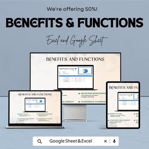 Peut inclure: Publicit&eacute; pour des mod&egrave;les Excel et Google Sheet, affich&eacute;e sur un ordinateur portable, un &eacute;cran d'ordinateur et une tablette. Le texte indique &laquo;&nbsp;AVANTAGES ET FONCTIONS&nbsp;&raquo; et &laquo;&nbsp;Nous offrons 50&nbsp;%&nbsp;!&nbsp;&raquo;. Les &eacute;crans affichent un suivi de la progression des &eacute;tudes.