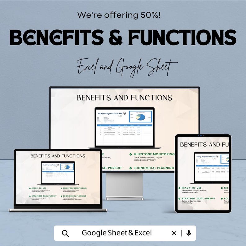 Peut inclure: Publicit&eacute; pour des mod&egrave;les Excel et Google Sheet, affich&eacute;e sur un ordinateur portable, un &eacute;cran d'ordinateur et une tablette. Le texte indique &laquo;&nbsp;AVANTAGES ET FONCTIONS&nbsp;&raquo; et &laquo;&nbsp;Nous offrons 50&nbsp;%&nbsp;!&nbsp;&raquo;. Les &eacute;crans affichent un suivi de la progression des &eacute;tudes.