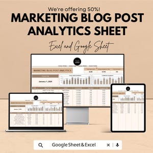 Puede incluir: Una hoja de análisis de marketing digital que se muestra en una computadora portátil, un monitor de escritorio y una tableta. El texto dice "MARKETING BLOG POST ANALYTICS SHEET" y "Excel and Google Sheet". La imagen también incluye el texto "We're offering 50%!"