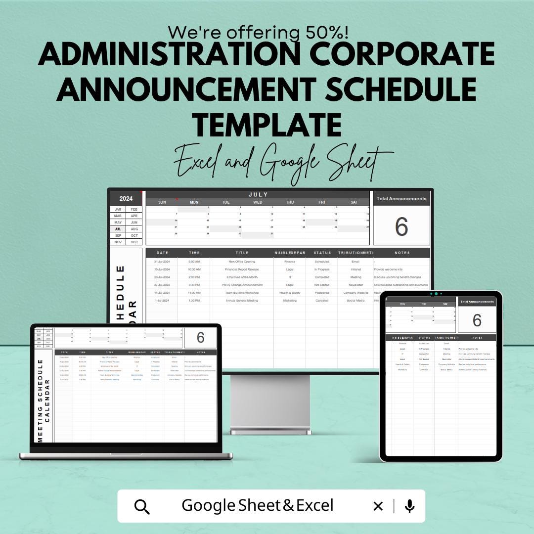 Corporate Announcement Schedule Template, Admin Planner, Communication ...