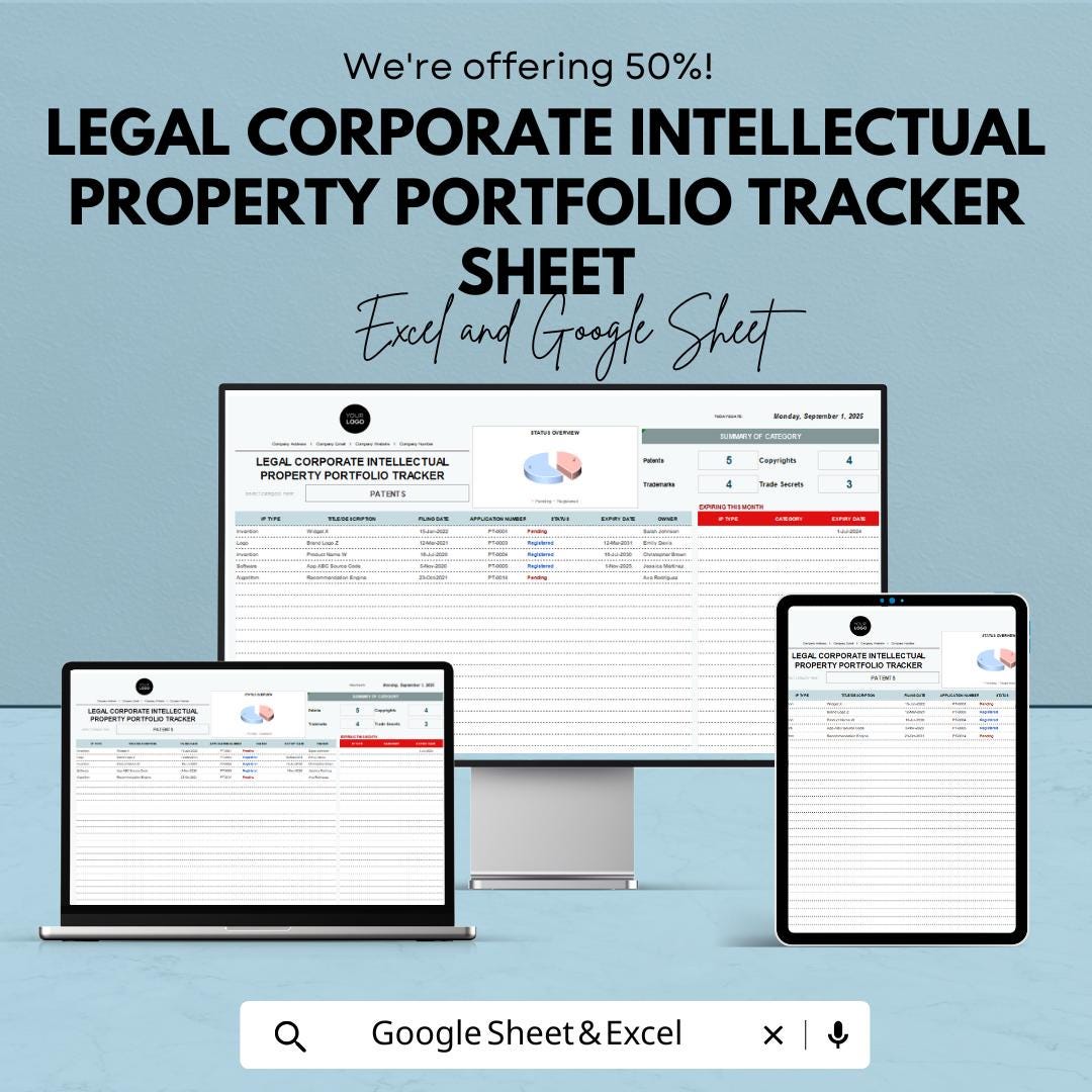 Legal Corporate Intellectual Property Portfolio Tracker Sheet | Excel ...