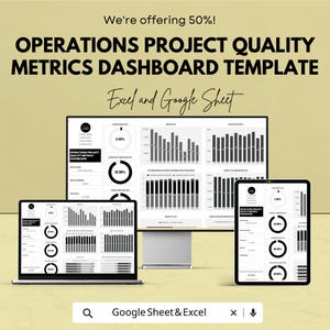 May include: A digital dashboard template displayed on a laptop, monitor, and tablet. The template, labelled "OPERATIONS PROJECT QUALITY METRICS DASHBOARD," features charts and graphs. The text "Excel and Google Sheet" is also visible.