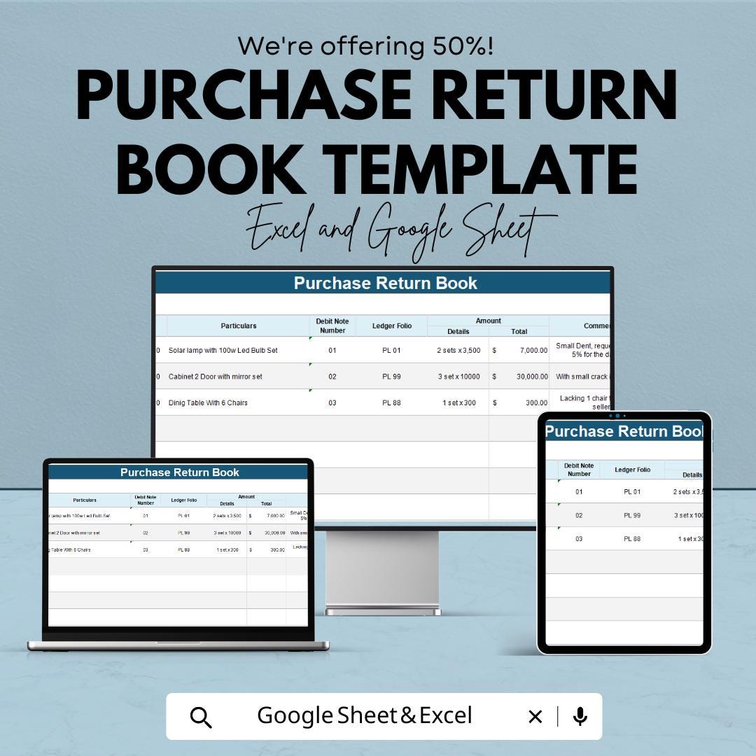 Purchase Return Book Template | Business Return Tracker | Supplier ...