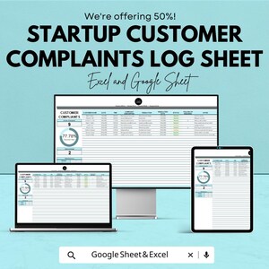Pode incluir: Uma folha de registro de reclamações de clientes exibida digitalmente em um laptop, monitor de desktop e tablet. O texto diz "STARTUP CUSTOMER COMPLAINTS LOG SHEET" e "Excel and Google Sheet". A tela mostra dados e gráficos.