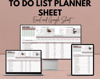 Könnte beinhalten: Ein digitales To-Do-Listen-Planungsblatt, das auf einem Laptop, einem Desktop-Monitor und einem Tablet angezeigt wird. Der Text lautet "TO DO LIST PLANNER SHEET Excel and Google Sheet". Das Bild enthält auch den Text "We're offering 50%!"