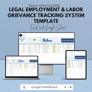 May include: A digital template for a Legal Employment & Labor Grievance Tracking System, displayed on a laptop, desktop monitor, and tablet. The text includes "We're offering 50%!" and "Excel and Google Sheet". The template features data tables and charts.