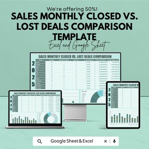 Könnte beinhalten: Eine türkisfarbene Grafik, die eine Verkaufsvorlage für Excel und Google Sheets bewirbt. Der Text lautet "SALES MONTHLY CLOSED VS. LOST DEALS COMPARISON TEMPLATE". Das Bild zeigt einen Laptop, einen Desktop-Monitor und ein Tablet, die die Datenvisualisierung der Vorlage anzeigen.