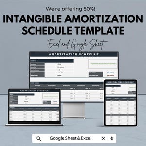 May include: An amortization schedule template displayed on a laptop, desktop monitor, and tablet. The text reads "INTANGIBLE AMORTIZATION SCHEDULE TEMPLATE" and "Excel and Google Sheet". The template shows loan details and payment schedules.