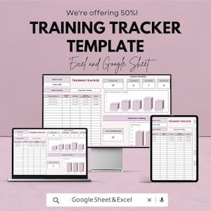 May include: A digital training tracker template displayed on a laptop, desktop monitor, and tablet. The text reads "TRAINING TRACKER TEMPLATE Excel and Google Sheet". The background is a light purple colour. The text "We're offering 50%!" is at the top.
