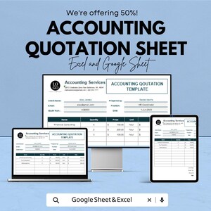 May include: An advertisement for an accounting quotation sheet template, displayed on a laptop, desktop monitor, and tablet. The text reads "ACCOUNTING QUOTATION SHEET Excel and Google Sheet". The template includes fields for client name, email, and quote number.