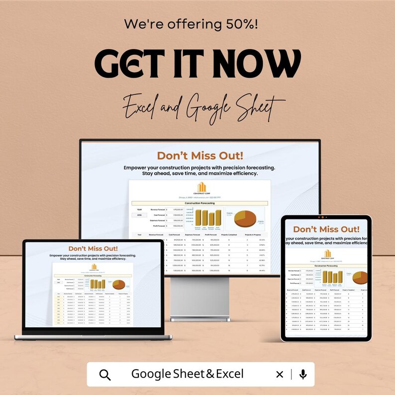 Pu&ograve; includere: Annuncio pubblicitario per il software di previsione dei progetti di costruzione di Excel e Google Sheet. L'immagine mostra un laptop, un monitor desktop e un tablet che visualizzano l'interfaccia del software. Il testo include "Non perderti!" e "Prendilo ora."