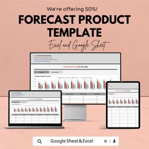 Puede incluir: Imagen promocional de una plantilla de producto de previsión, mostrada en un portátil, un monitor de escritorio y una tableta. El texto dice "FORECAST PRODUCT TEMPLATE" y "Excel and Google Sheet". El fondo es de color rosa claro.