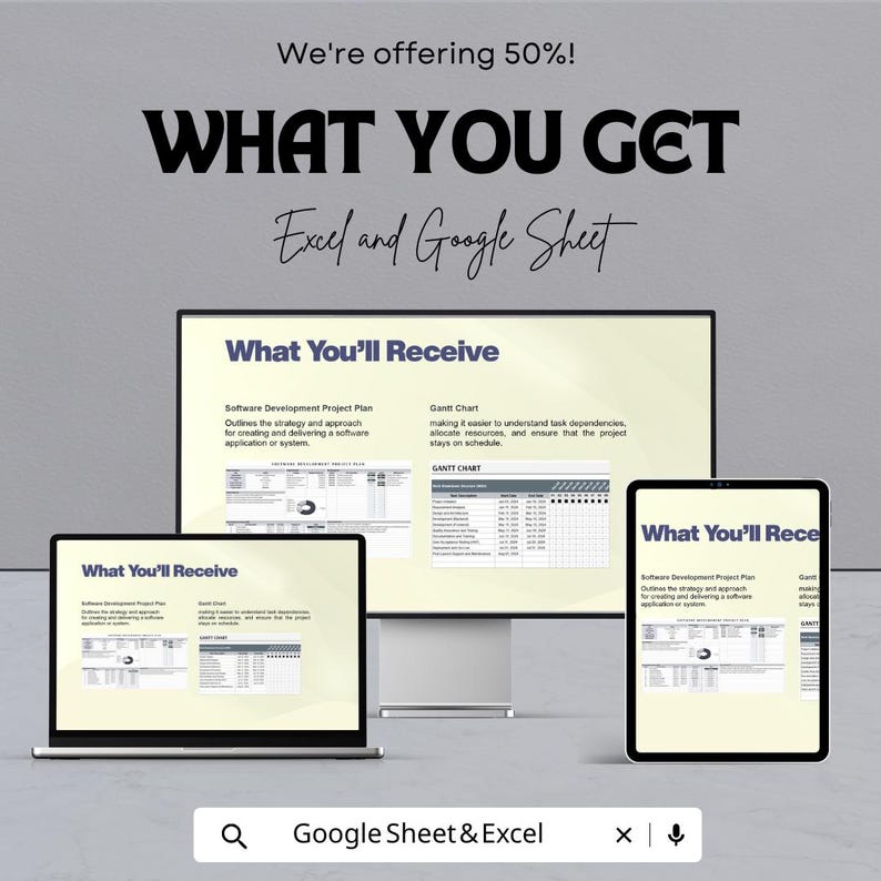 K&ouml;nnte beinhalten: Werbung f&uuml;r Excel- und Google Sheet-Ressourcen. Das Bild zeigt einen Computermonitor, einen Laptop und ein Tablet, die jeweils eine Pr&auml;sentation mit dem Titel "What You'll Receive" anzeigen. Der Text enth&auml;lt "Software Development Project Plan" und "Gantt Chart". Der obere Text lautet "We're offering 50%!" und "WHAT YOU GET."