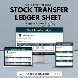 Puede incluir: Un anuncio de una hoja de registro de transferencia de acciones, que ofrece un 50% de descuento. El texto se muestra en una computadora, una computadora portátil y una tableta. El registro es compatible con Excel y Google Sheets.