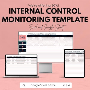Peut inclure: Image promotionnelle d'un modèle de suivi du contrôle interne. Le modèle est affiché sur un écran d'ordinateur, un ordinateur portable et une tablette. Le texte indique "INTERNAL CONTROL MONITORING TEMPLATE" et "Excel and Google Sheet."