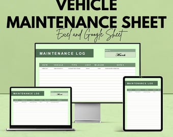May include: An advertisement for a vehicle maintenance sheet, available in Excel and Google Sheets. The image shows a computer monitor, a laptop, and a tablet displaying the maintenance log. The text includes "We're offering 50%!" and "Google Sheet & Excel."