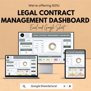 Op de afbeelding: Een digitale afbeelding met een legal contract management dashboard op een laptop, desktopmonitor en tablet. De tekst bevat "LEGAL CONTRACT MANAGEMENT DASHBOARD" en "Excel and Google Sheet". De afbeelding vermeldt ook "We're offering 50%!"