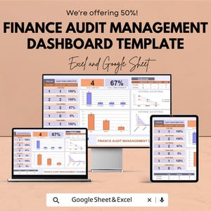 May include: A digital dashboard template for finance audit management, displayed on a laptop, desktop monitor, and tablet. The screens show data visualizations and charts. The text reads "Finance Audit Management Dashboard Template" and "Excel and Google Sheet."