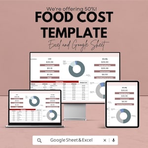 May include: A digital food cost template displayed on a laptop, desktop monitor, and tablet. The template shows cost analysis data, including cost per receipt, margin, and recipe cost. The text "FOOD COST TEMPLATE" is prominently displayed.