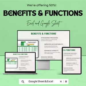 May include: An advertisement promoting the benefits and functions of Excel and Google Sheet. The image displays a laptop, tablet, and monitor, each showcasing the software's features. Text includes "Benefits & Functions" and "Streamlined Processes."