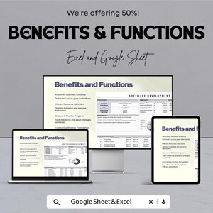 K&ouml;nnte beinhalten: Bild zeigt eine Pr&auml;sentation auf einem Computer, Laptop und Tablet. Die Bildschirme zeigen "Benefits and Functions" mit Aufz&auml;hlungspunkten. Der Text "Excel and Google Sheet" ist ebenfalls sichtbar. Das Bild hat einen grauen Hintergrund und den Text "We're offering 50%!"