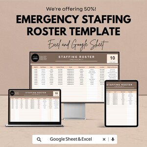 May include: An advertisement for an Emergency Staffing Roster Template. The image shows a computer monitor, laptop, and tablet displaying the template. Text includes "We're offering 50%!" and "Excel and Google Sheet."