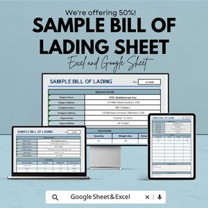 Può includere: Immagine di un esempio di polizza di carico visualizzata su un monitor di computer, un laptop e un tablet. Il testo recita "SAMPLE BILL OF LADING SHEET Excel and Google Sheet". Lo sfondo è di colore azzurro.