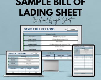 May include: Image of a sample bill of lading sheet displayed on a computer monitor, laptop, and tablet. The text reads "SAMPLE BILL OF LADING SHEET Excel and Google Sheet". The background is a light blue color.