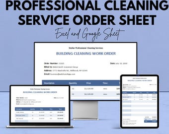 May include: A professional cleaning service order sheet displayed on a laptop, tablet, and desktop monitor. The text reads "Professional Cleaning Service Order Sheet" and "Excel and Google Sheet". The image also includes the text "We're offering 50%!"